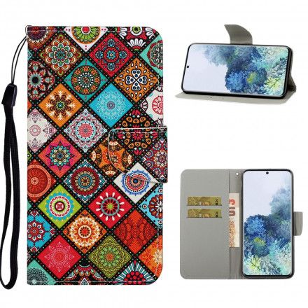 Folio Deksel Til Samsung Galaxy S21 Ultra 5G Patchwork Mandalaer Med Snor