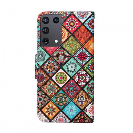 Folio Deksel Til Samsung Galaxy S21 Ultra 5G Patchwork Mandalaer Med Snor