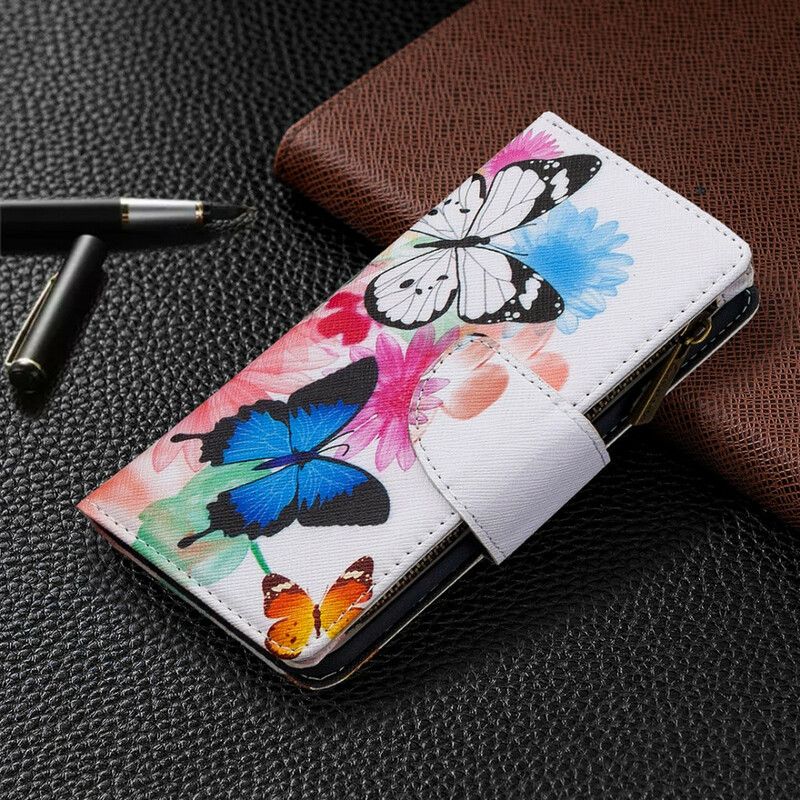 Lærdeksel Til Xiaomi Redmi 9 Lomme Med Glidelås For Sommerfugler
