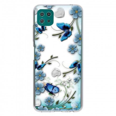 Deksel Til Samsung Galaxy A22 5G Transparente Retro Sommerfugler Og Blomster