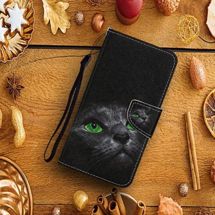 Folio Deksel Til Samsung Galaxy A22 5G Green Eyed Cat With Lanyard