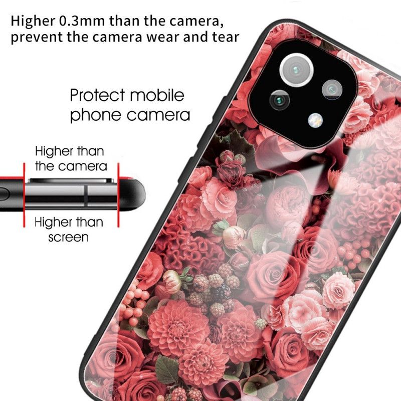 Deksel Til Xiaomi Mi 11 Lite 5G NE / Mi 11 Lite 4G / 5G Rosa Blomster Av Herdet Glass