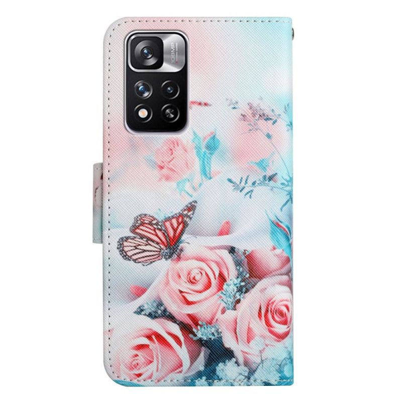 Folio Deksel Til Xiaomi Redmi Note 11 Pro Plus 5G Bukett Med Blomster Og Sommerfugler