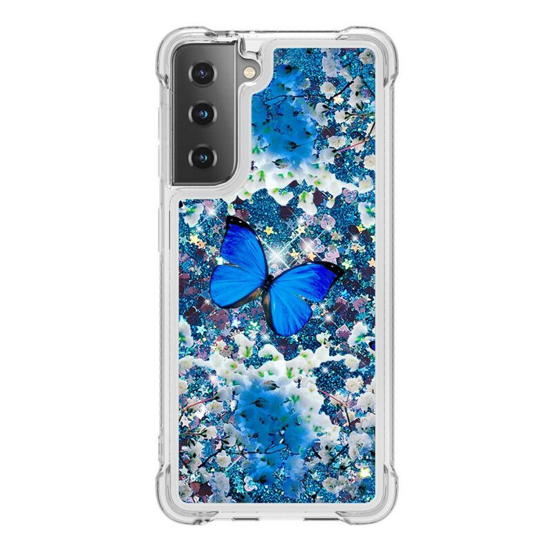 Deksel Til Samsung Galaxy S21 5G Blå Glittersommerfugler