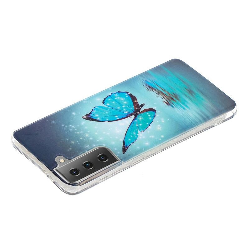 Deksel Til Samsung Galaxy S21 5G Fluorescerende Blå Sommerfugl