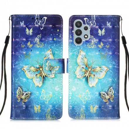 Folio Deksel Til Samsung Galaxy A32 4G Golden Butterflies Lanyard