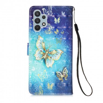 Folio Deksel Til Samsung Galaxy A32 4G Golden Butterflies Lanyard