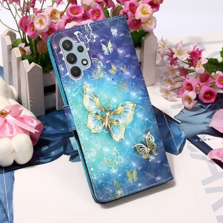 Folio Deksel Til Samsung Galaxy A32 4G Golden Butterflies Lanyard