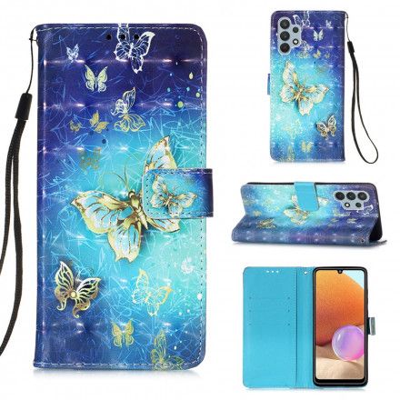 Folio Deksel Til Samsung Galaxy A32 4G Golden Butterflies Lanyard