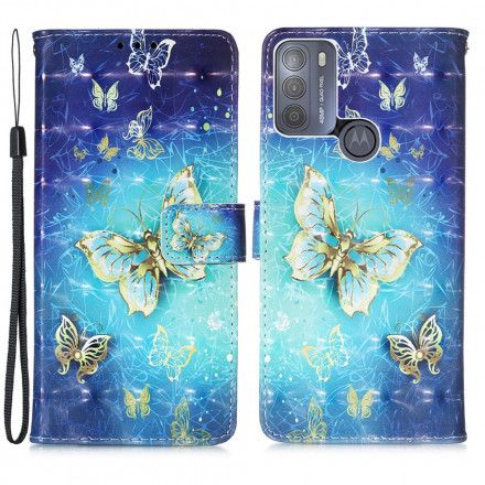 Folio Deksel Til Moto G50 Golden Butterflies Lanyard