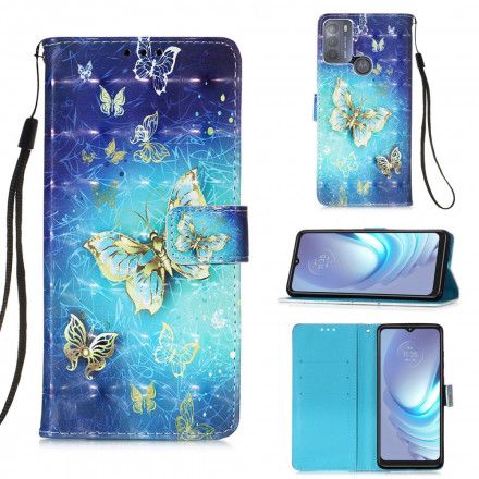 Folio Deksel Til Moto G50 Golden Butterflies Lanyard