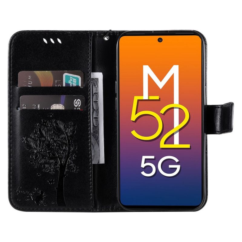 Lærdeksel Til Samsung Galaxy M52 5G Blomstrende Tre Og Kat