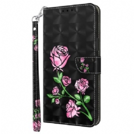 Folio Deksel Til Samsung Galaxy A16 5g Rosa Blomster Med Stropp