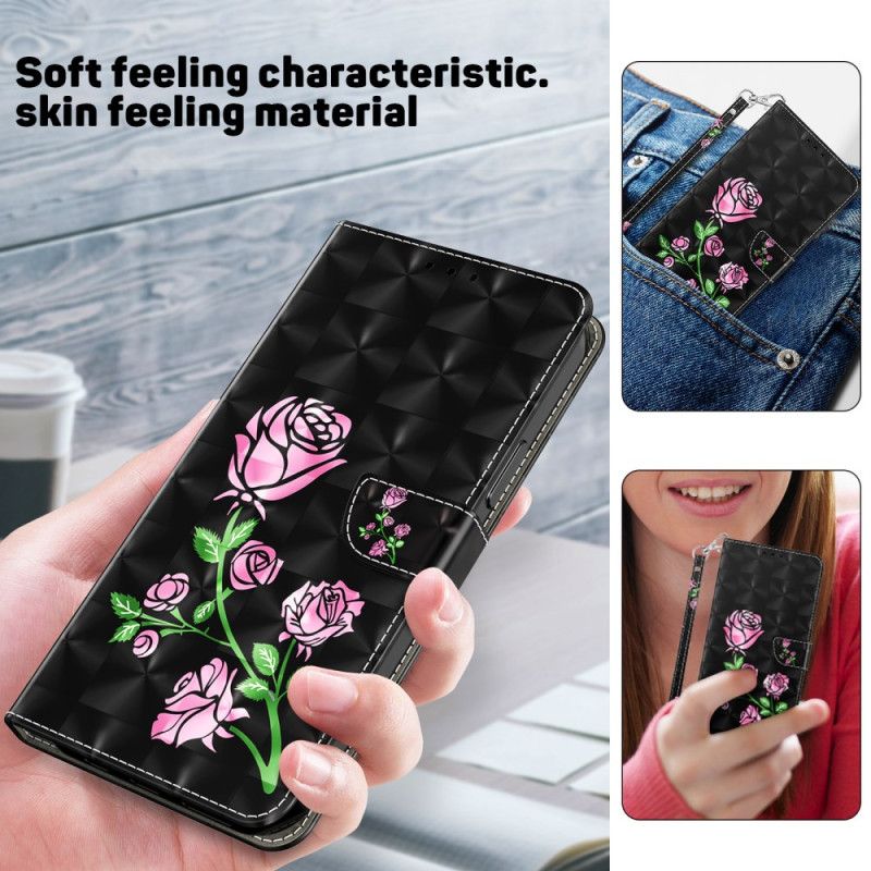 Folio Deksel Til Samsung Galaxy A16 5g Rosa Blomster Med Stropp