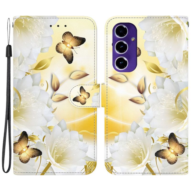 Lærdeksel Folio Deksel Samsung Galaxy S24 Fe Mobildeksel Gylne Sommerfugler Og Hvite Blomster