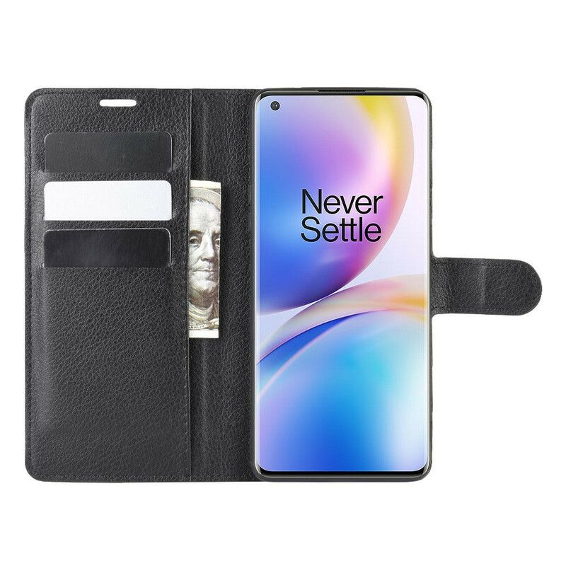 Folio Deksel Til OnePlus 8 Pro Premium Litchi Leather Style