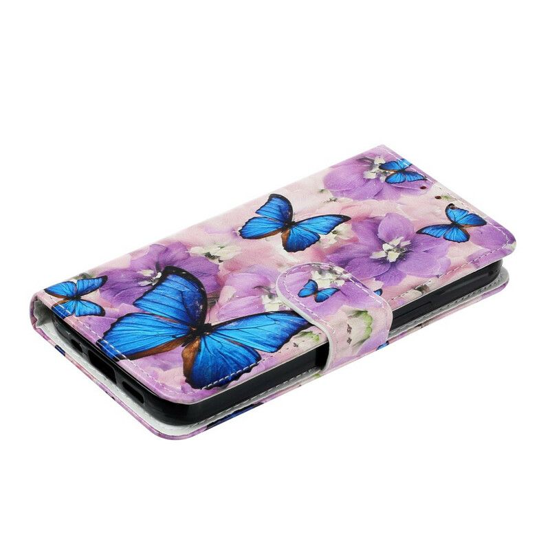 Folio Deksel Til iPhone 13 Mini Blå Sommerfugler I Blomster