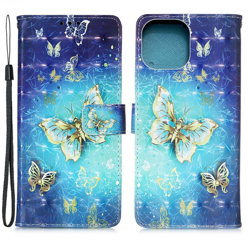 Folio Deksel Til iPhone 13 Mini Golden Butterflies Lanyard