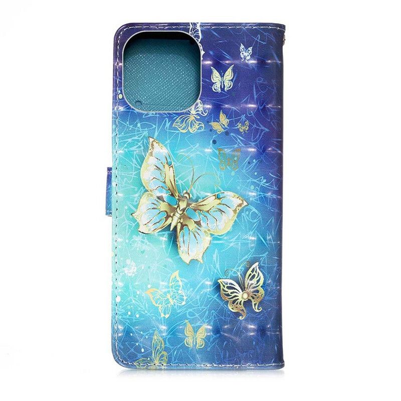 Folio Deksel Til iPhone 13 Mini Golden Butterflies Lanyard