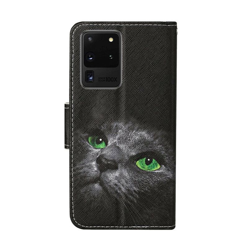 Folio Deksel Til Samsung Galaxy S20 Ultra Green Eyed Cat With Lanyard