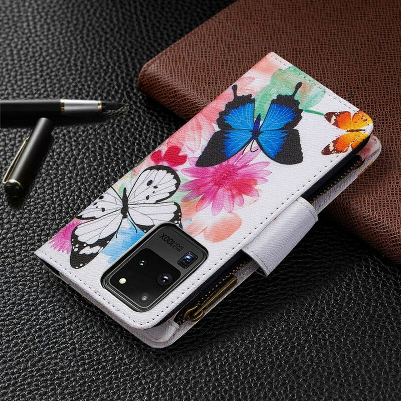 Folio Deksel Til Samsung Galaxy S20 Ultra Lomme Med Glidelås For Sommerfugler