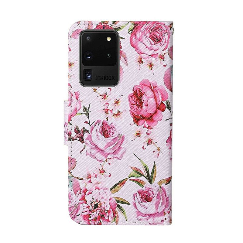 Folio Deksel Til Samsung Galaxy S20 Ultra Mestrerike Blomster Med Stropp