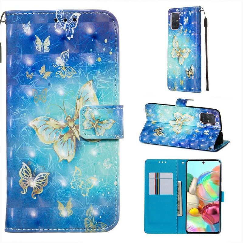 Folio Deksel Til Samsung Galaxy A71 Golden Butterflies Lanyard