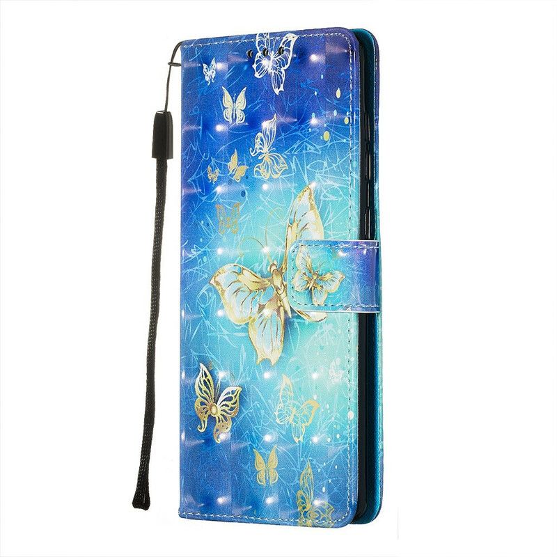 Folio Deksel Til Samsung Galaxy A71 Golden Butterflies Lanyard