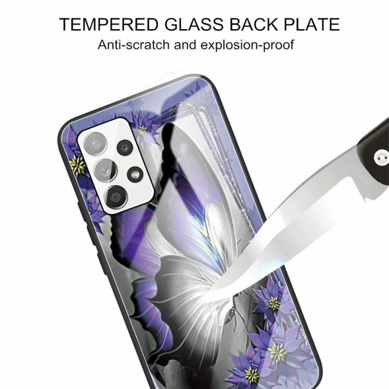 Deksel Til Samsung Galaxy A53 5G Lilla Sommerfugl Herdet Glass