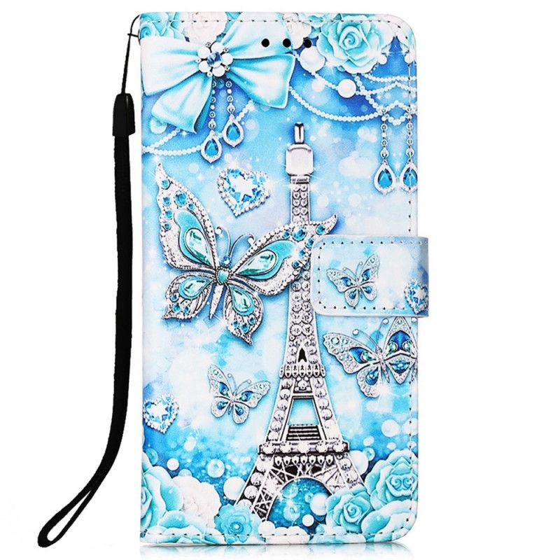 Folio Deksel Til Samsung Galaxy A53 5G Med Kjede Eiffeltårnets Sommerfugler Med Stropp