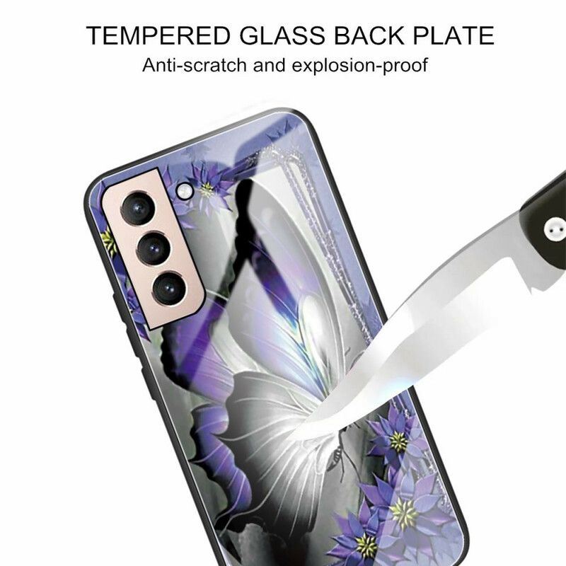 Deksel Til Samsung Galaxy S21 FE Lilla Sommerfugl Herdet Glass