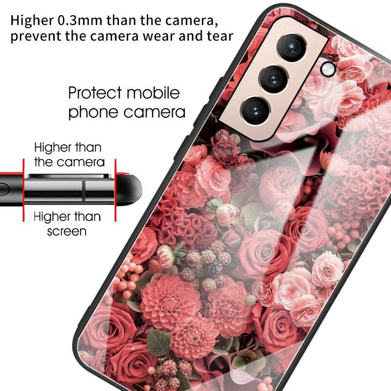 Deksel Til Samsung Galaxy S21 FE Rosa Blomster Av Herdet Glass