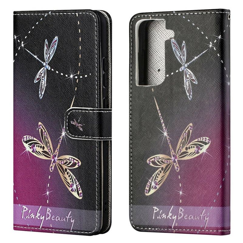 Folio Deksel Til Samsung Galaxy S21 FE Med Kjede Thong Dragonflies