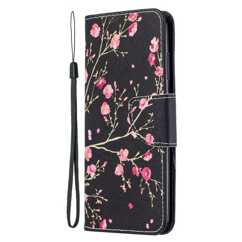 Folio Deksel Til Samsung Galaxy A51 5G Rosa Blomster På Svart Bakgrunn