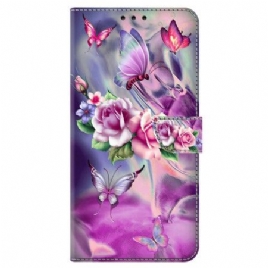 Folio Deksel Samsung Galaxy S24 5g Sommerfugler Og Fiolette Blomster Beskyttelse Deksel