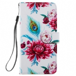 Lærdeksel Folio Deksel Samsung Galaxy S24 5g Fargerike Blomster Med Stropp