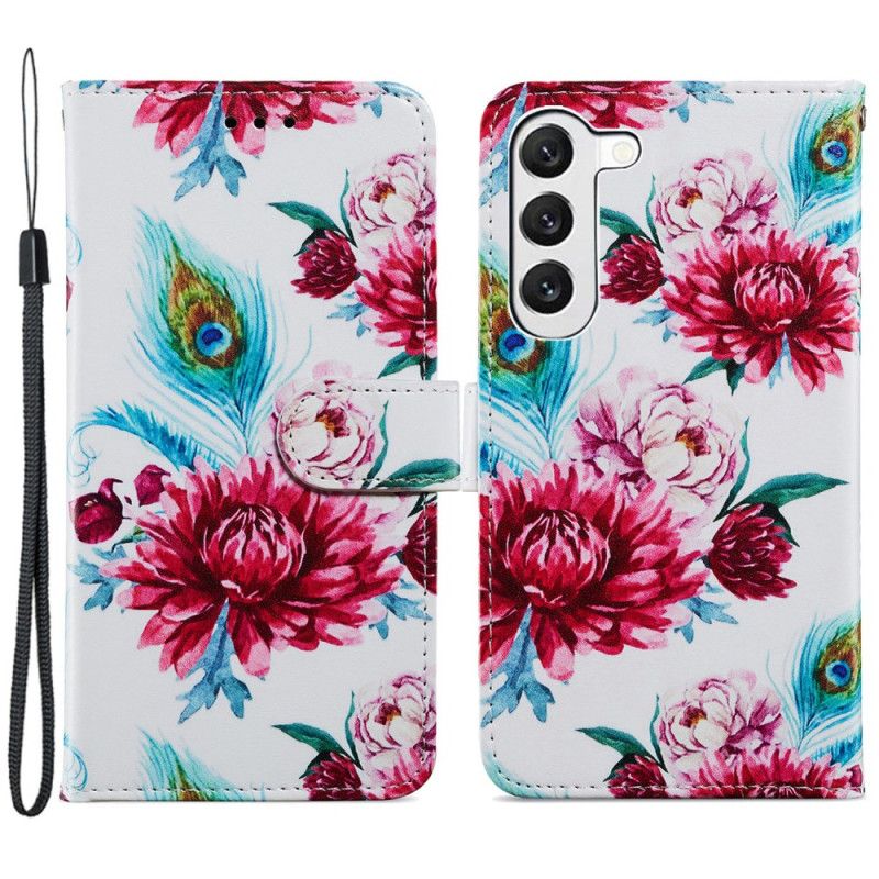 Lærdeksel Folio Deksel Samsung Galaxy S24 5g Fargerike Blomster Med Stropp