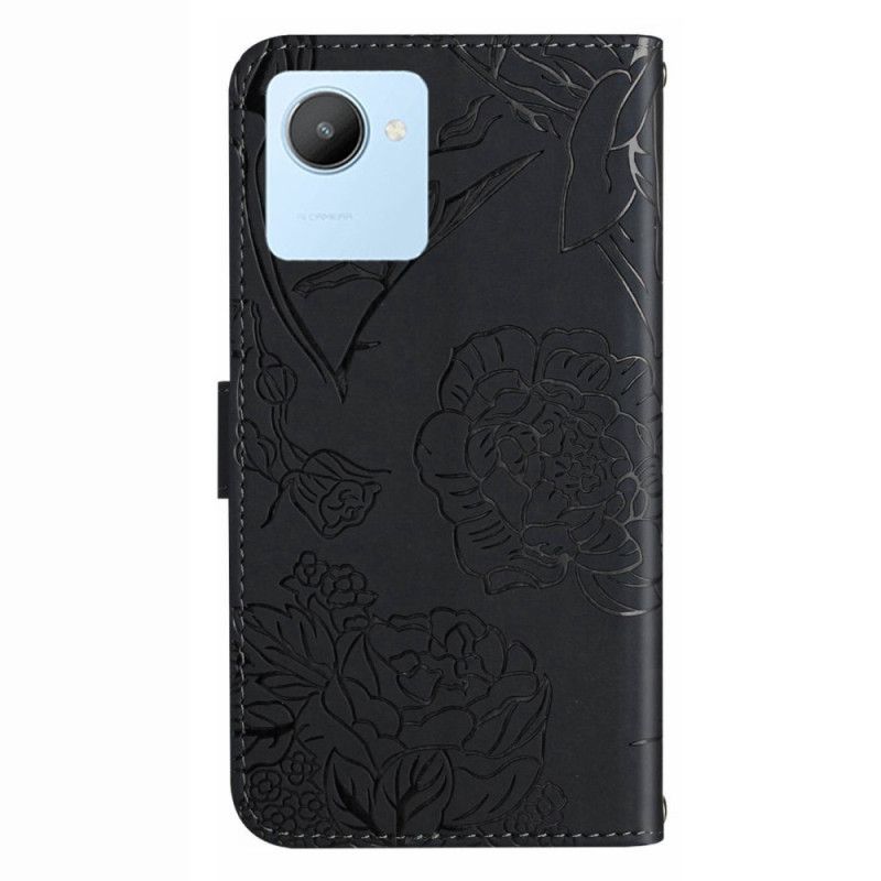 Folio Deksel Til Realme C30 Med Kjede Flower Strappy Paillon