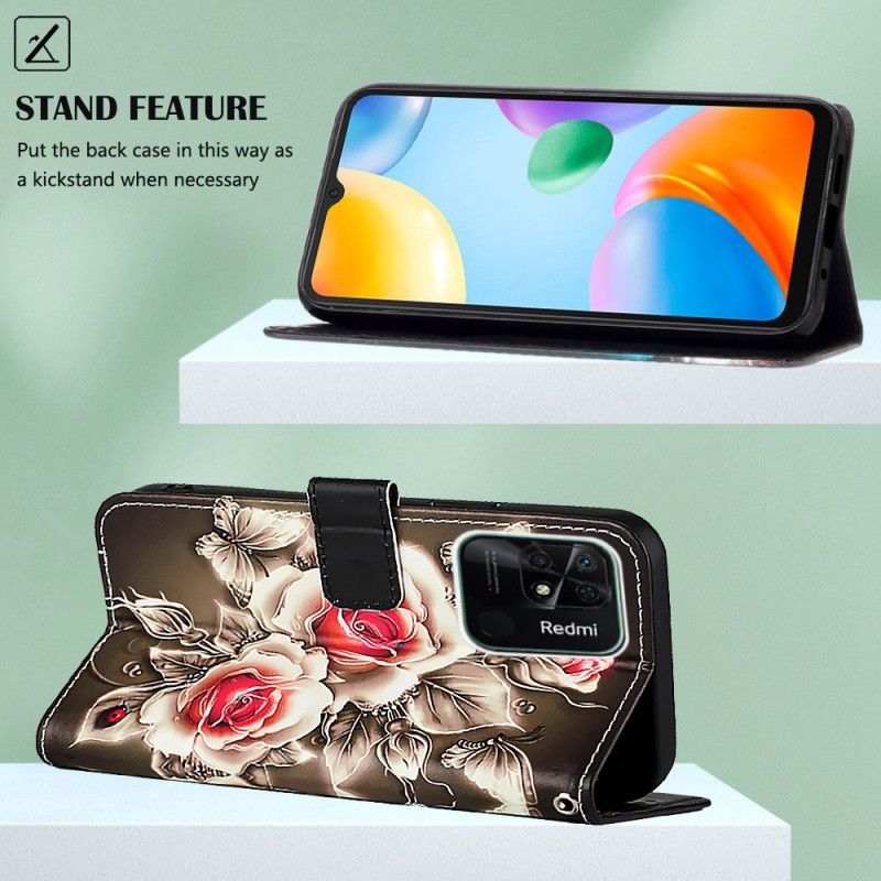 Folio Deksel Til Xiaomi Redmi 10C Med Kjede Floral Declination Med Stropp