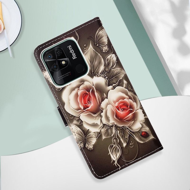 Folio Deksel Til Xiaomi Redmi 10C Med Kjede Floral Declination Med Stropp