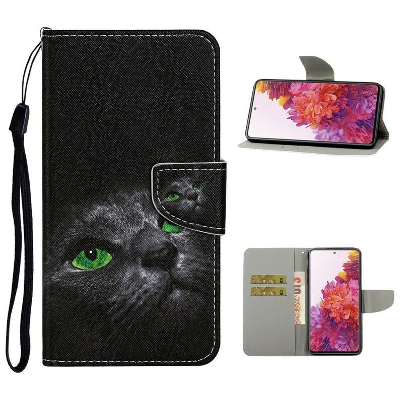 Folio Deksel Til Samsung Galaxy S20 FE Green Eyed Cat With Lanyard