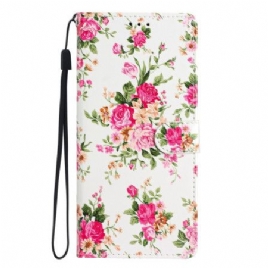 Folio Deksel Oppo A98 5g Røde Blomster Med Stropp Beskyttelse Deksel