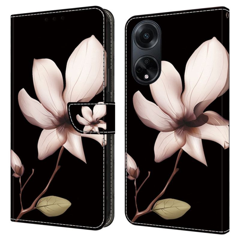 Folio Deksel Oppo A98 5g Rosa Blomst På Svart Bakgrunn