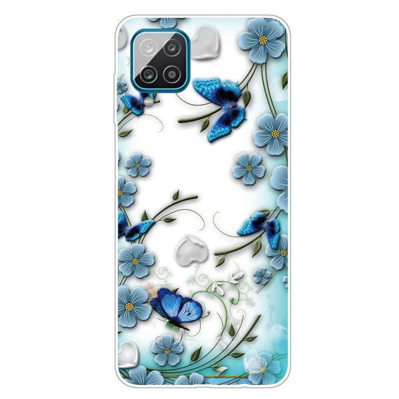 Deksel Til Samsung Galaxy A12 / M12 Transparente Retro Sommerfugler Og Blomster