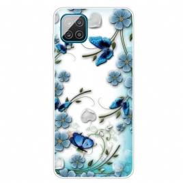 Deksel Til Samsung Galaxy A12 / M12 Transparente Retro Sommerfugler Og Blomster
