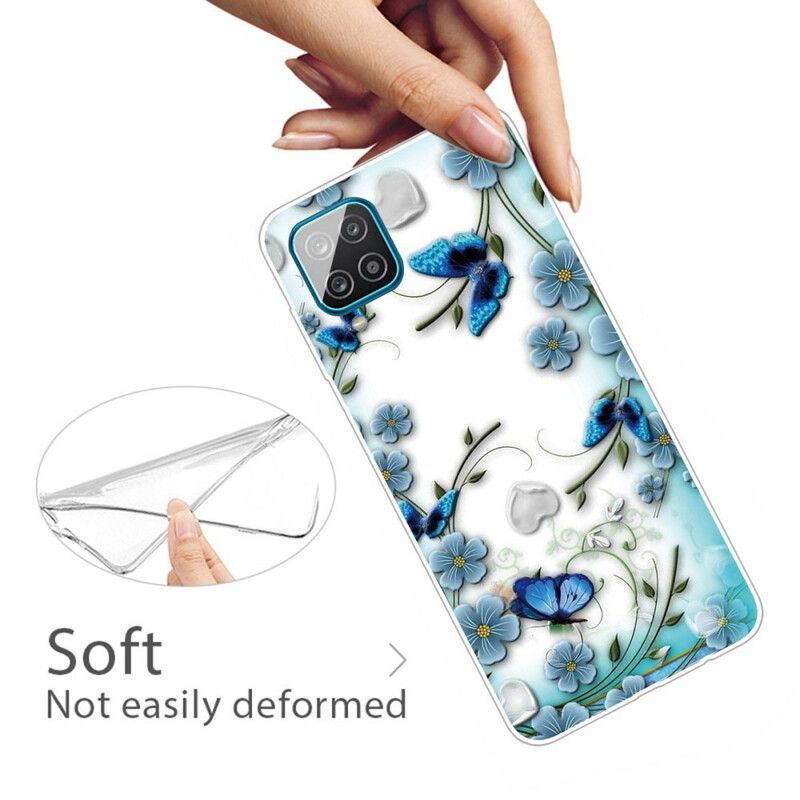 Deksel Til Samsung Galaxy A12 / M12 Transparente Retro Sommerfugler Og Blomster