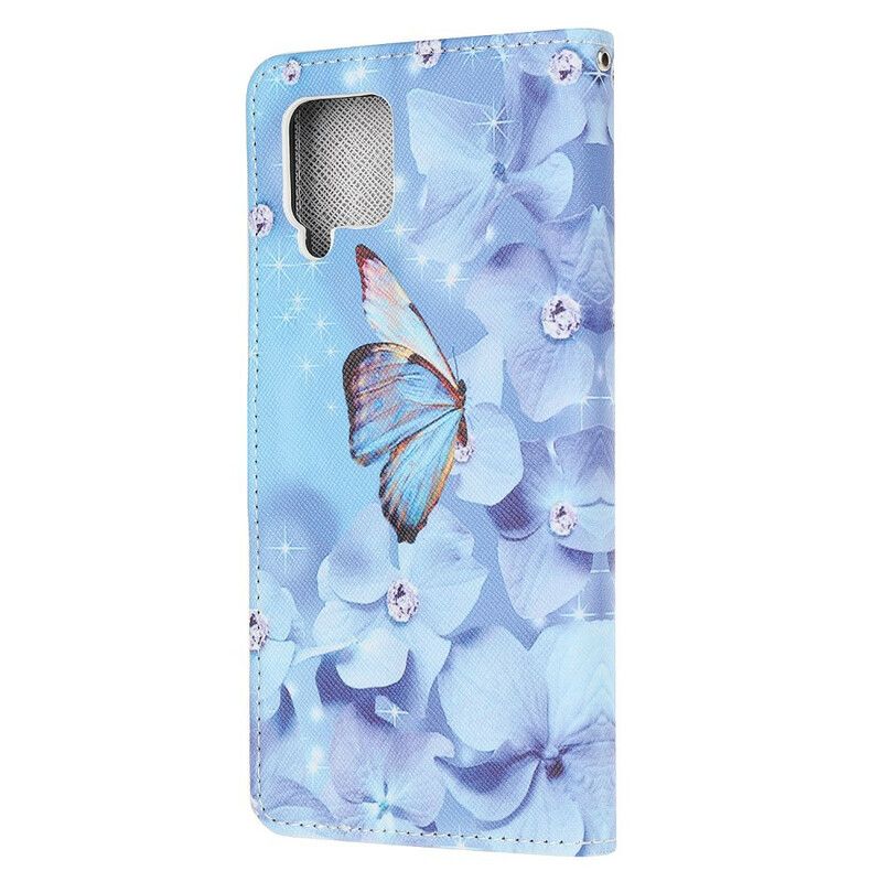 Folio Deksel Til Samsung Galaxy A12 / M12 Med Kjede Diamond Strappy Sommerfugler