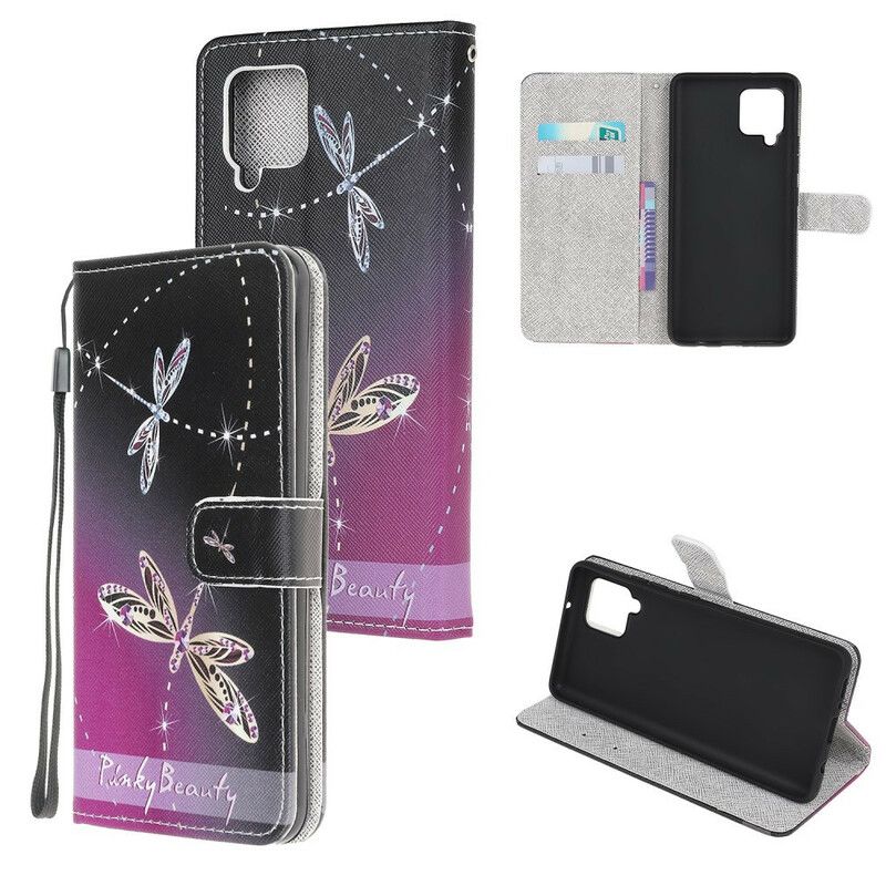 Folio Deksel Til Samsung Galaxy A12 / M12 Med Kjede Thong Dragonflies