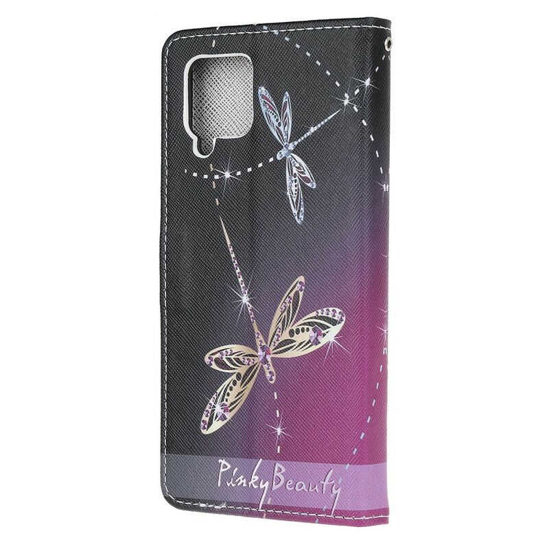 Folio Deksel Til Samsung Galaxy A12 / M12 Med Kjede Thong Dragonflies