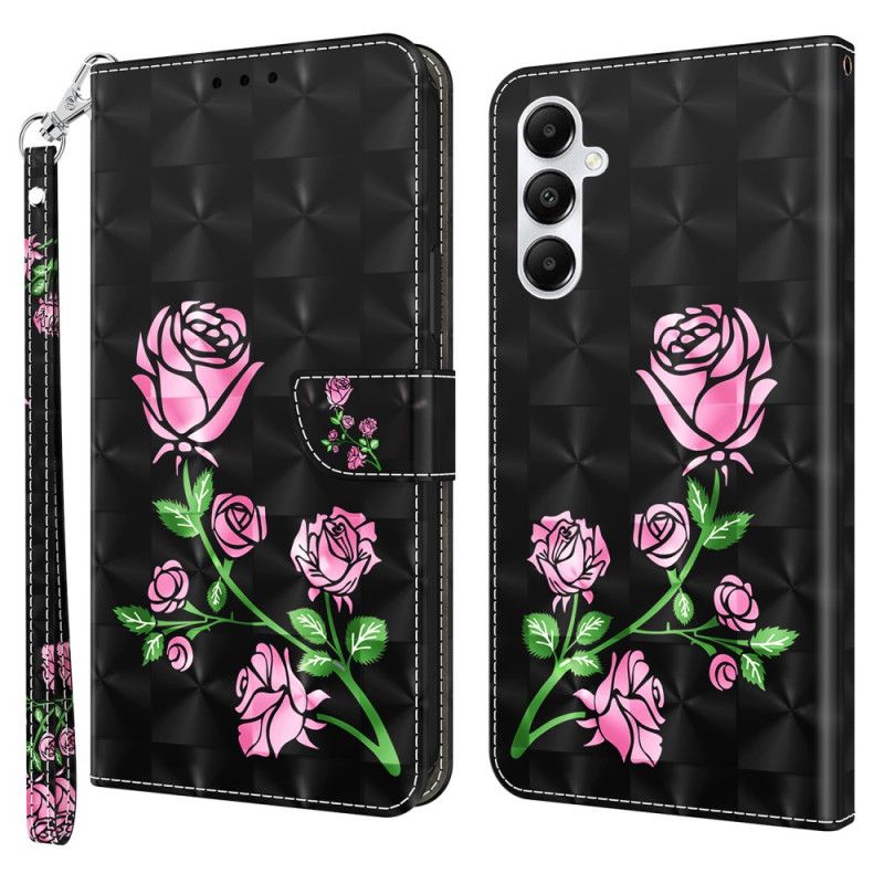 Folio Deksel Samsung Galaxy A55 5g Rosa Blomster På Svart Bakgrunn Med Stropp Beskyttelse Deksel